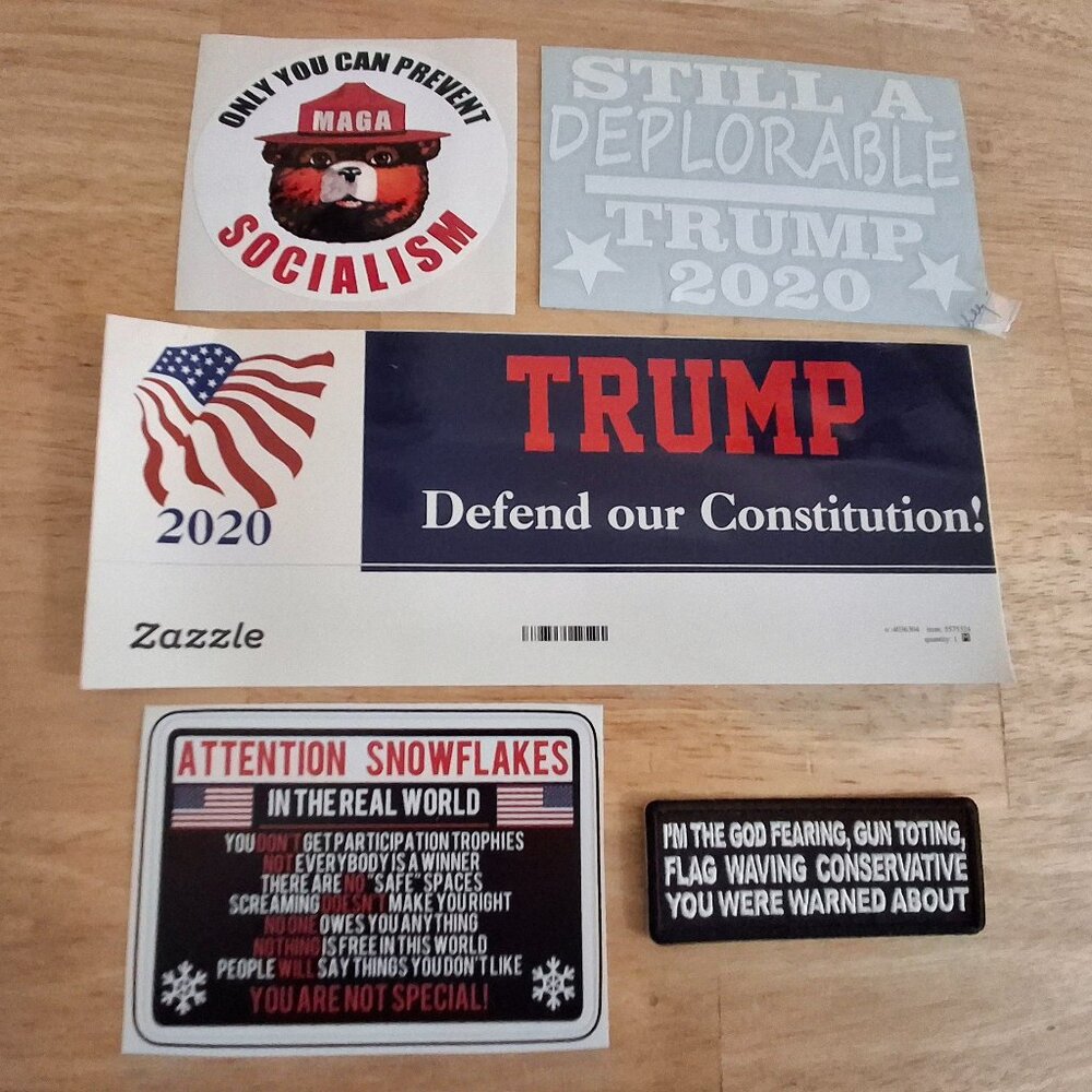 4 TRUMP/Conservative Stickers + 1 Patch
